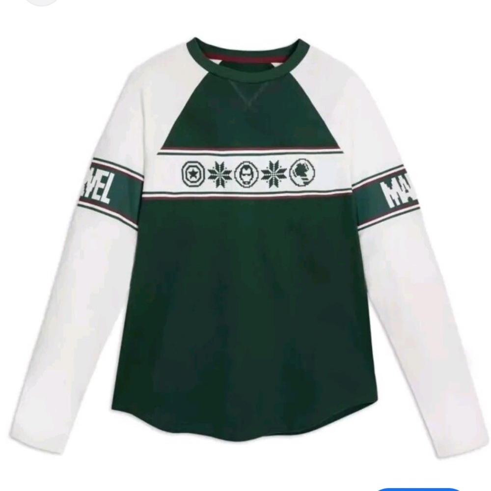 Marvel Avengers Holiday Raglan Long Sleeve Shirt Green, Adult Small, NWT